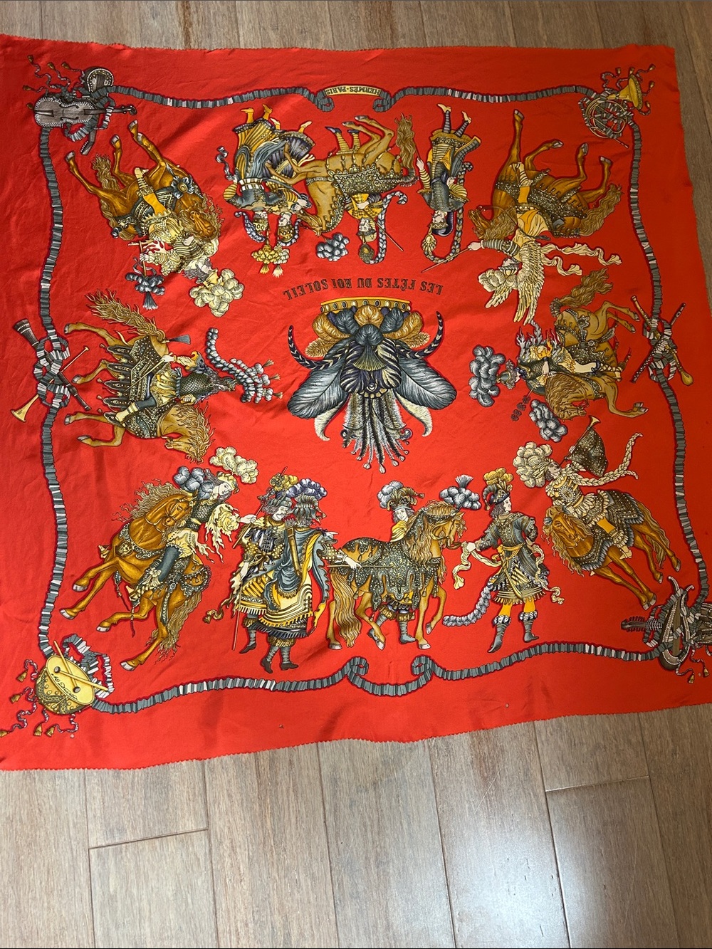 HERMES Silk Les Fetes du Roi Soleil Scarf 35”Red Illustrated Gold Black Accents - Picture 9 of 14